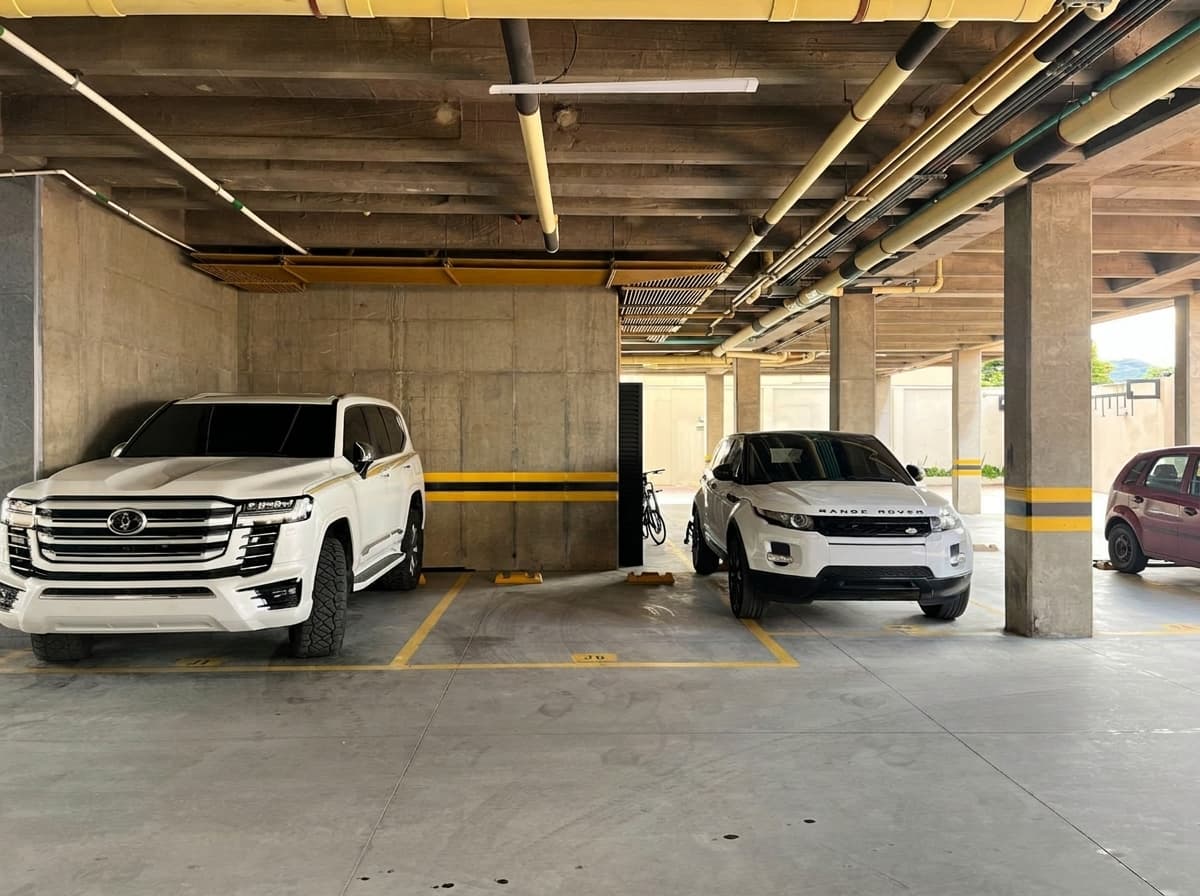 Parqueadero cubierto — Garaje con acceso controlado y doble entrada vehicular.